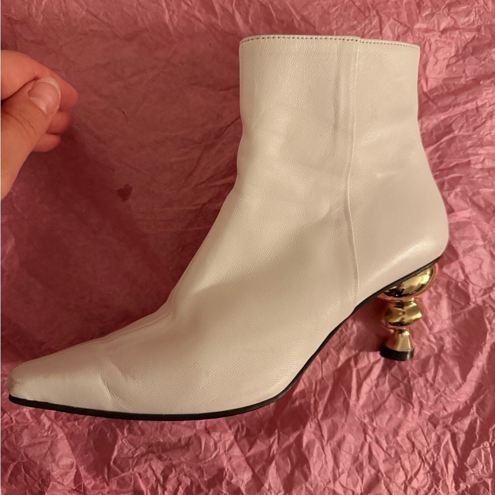 Stylish White Heeled Boots with Metallic Accent Genuine Leather